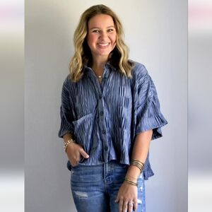 J.NNA Women's Velvet Blue Gray Textured Button Front Top Medium